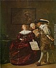 Jacob Duck Canvas Paintings - The contract - A lady presenting a letter to a gentleman and an old lady studying another in an interior